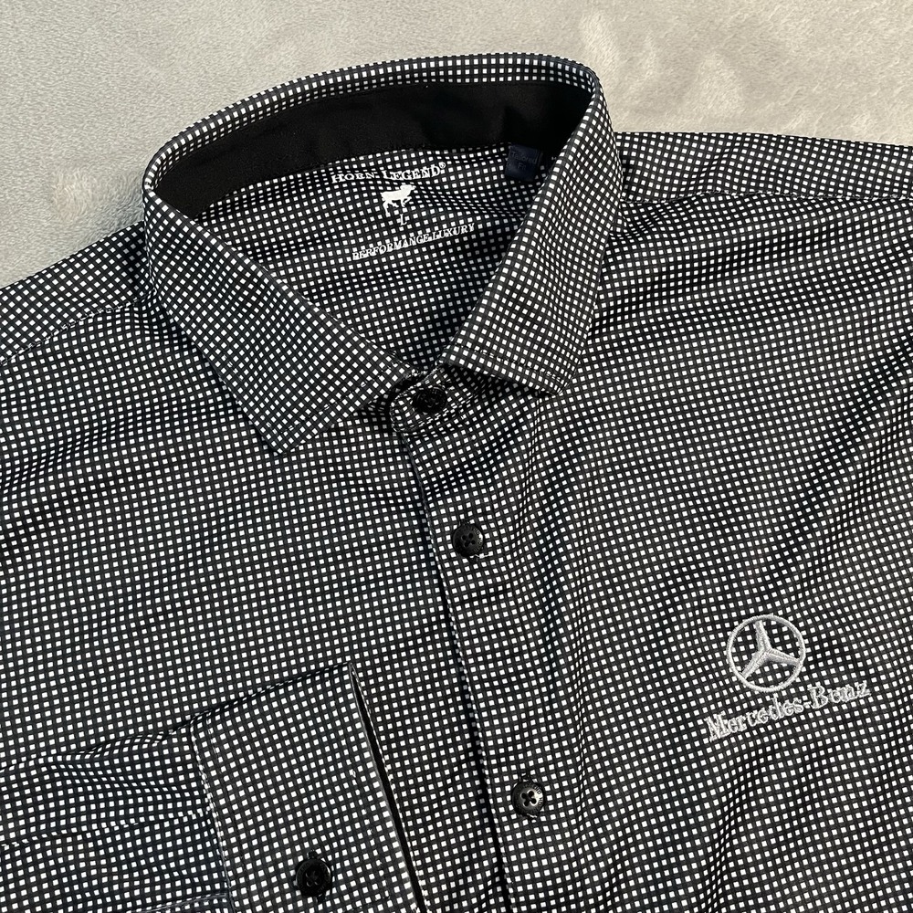 Horn Legend Performance Luxury Mercedes-Benz Check Logo Button Shirt Mens L EUC
